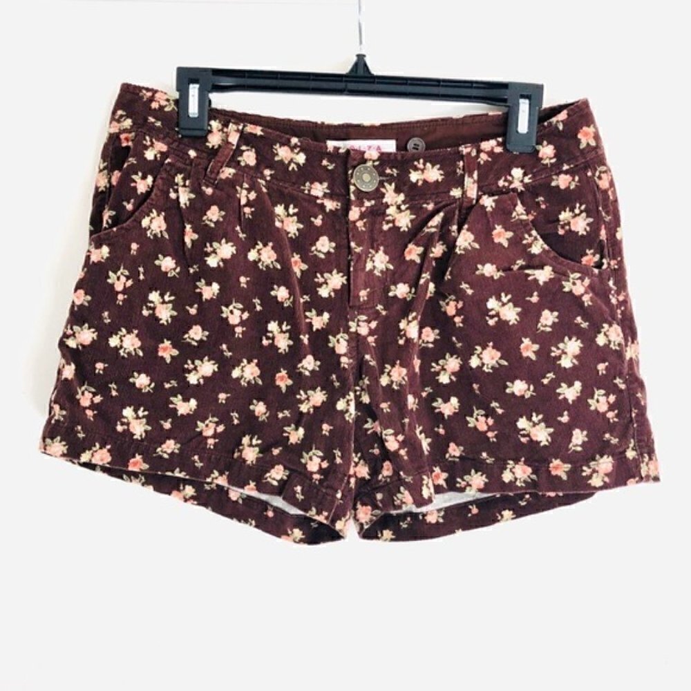 COLZA Shorts L Corduroy Floral Print 90s Vintage Brown Pink Y2K